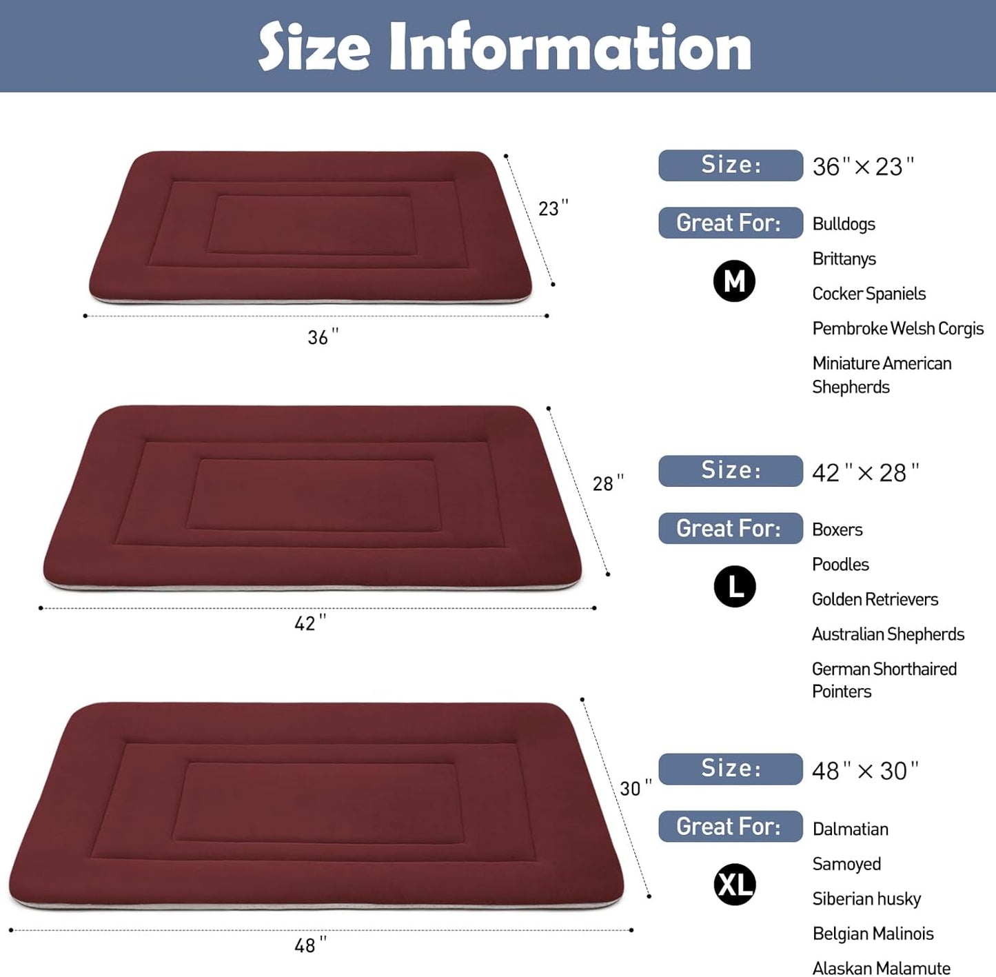 JoicyCo Dog Crate Bed Pad Mat, 48 in Non Slip Bottom Washable Kennel Pad for Extra Large Dogs, Dark Red