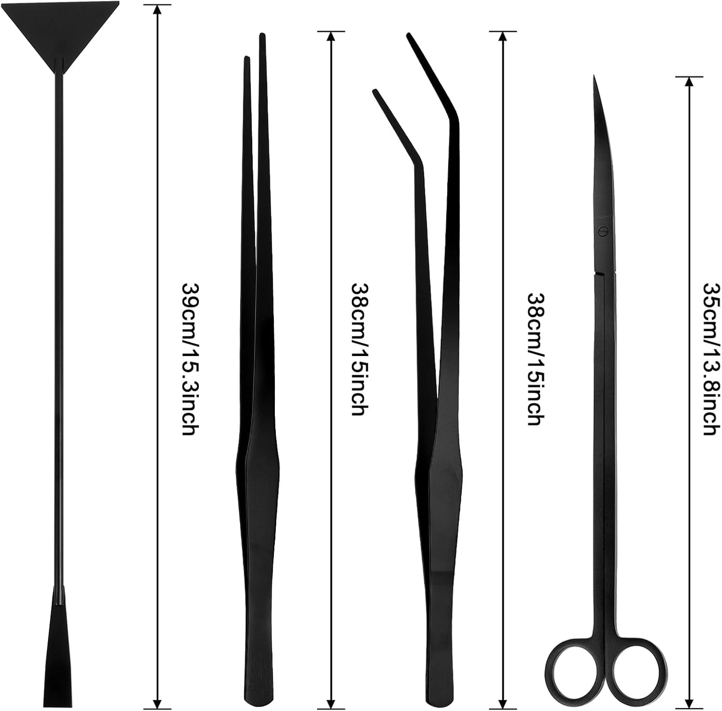 15Inch Extra Long Design Aquarium Aquascaping Tool Stainless Steel Aquascape Tools Kit 4 in 1 Anti-Rust Fish Tank Starter Kit with Long Tweezers Scissors Spatula for Aquarium Plants (Black)