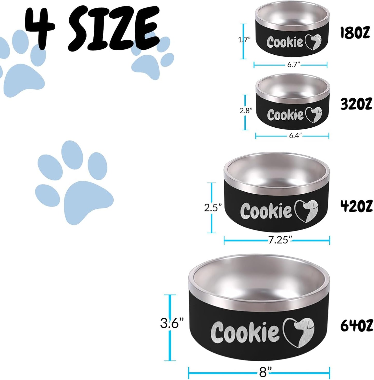32OZ Personalized Dog Bowl Laser Engraved Custom Pet Name 18/32/42/64 oz No Slip Stainless Steel Insulated Bite-Resistant Food Water Dishes-Red