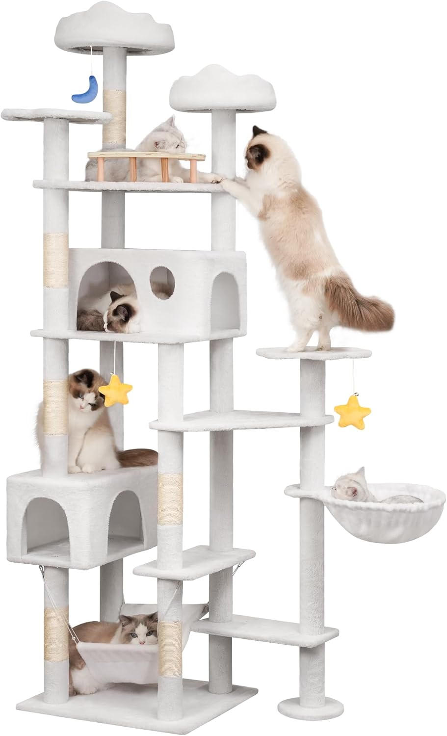 85in Tall Cat Tower for Heavy Duty Big Cats, Large Cat Tree with Scratching Post, Plush Perches, Cozy Cat Condos & Hanging Hammocks for Maine Coon, White