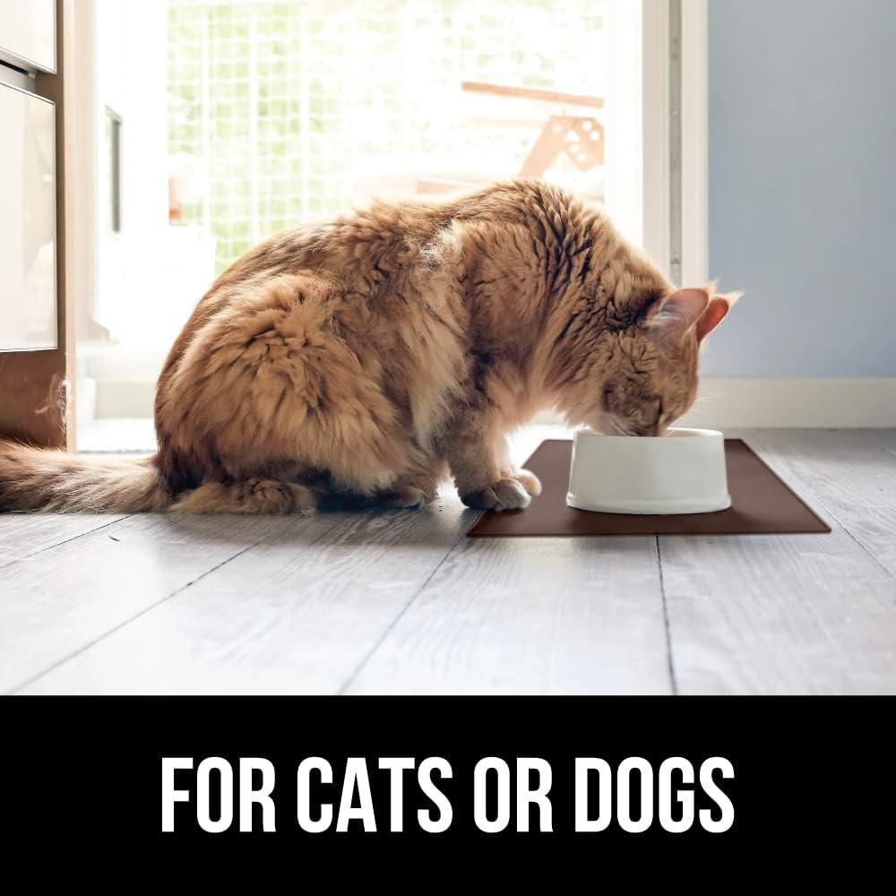 GORILLA GRIP 100% Waterproof Raised Edge BPA Free Silicone Pet Feeding Mat, Dog Cat Food Mats Contain Spills Protects Floors, Placemats for Cats and Dogs Water Bowl, Pets Accessories 16x10, Brown