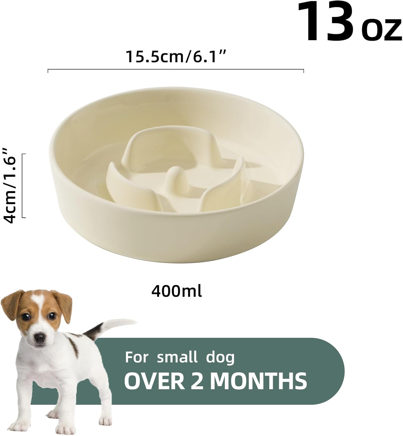 6.1inch Dog Bowl Slow Feeder Ceramic for Small Dog, Pet Slow Feeder, Stop Bloat, Preventing Choking(Single Bowl-Beige)