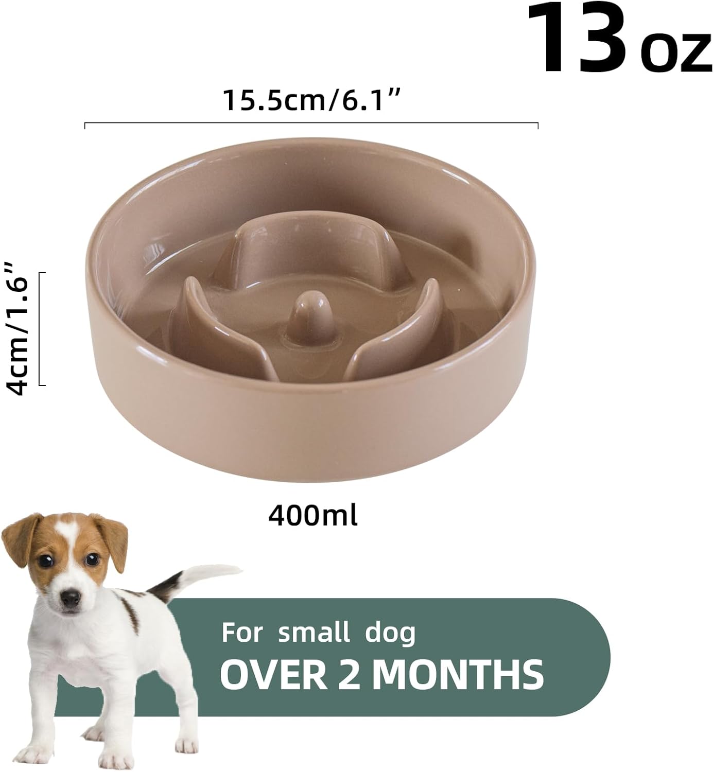 6.1inch Dog Bowl Slow Feeder Ceramic for Small Dog, Pet Slow Feeder, Stop Bloat, Preventing Choking(Single Bowl-Brown Coffee)