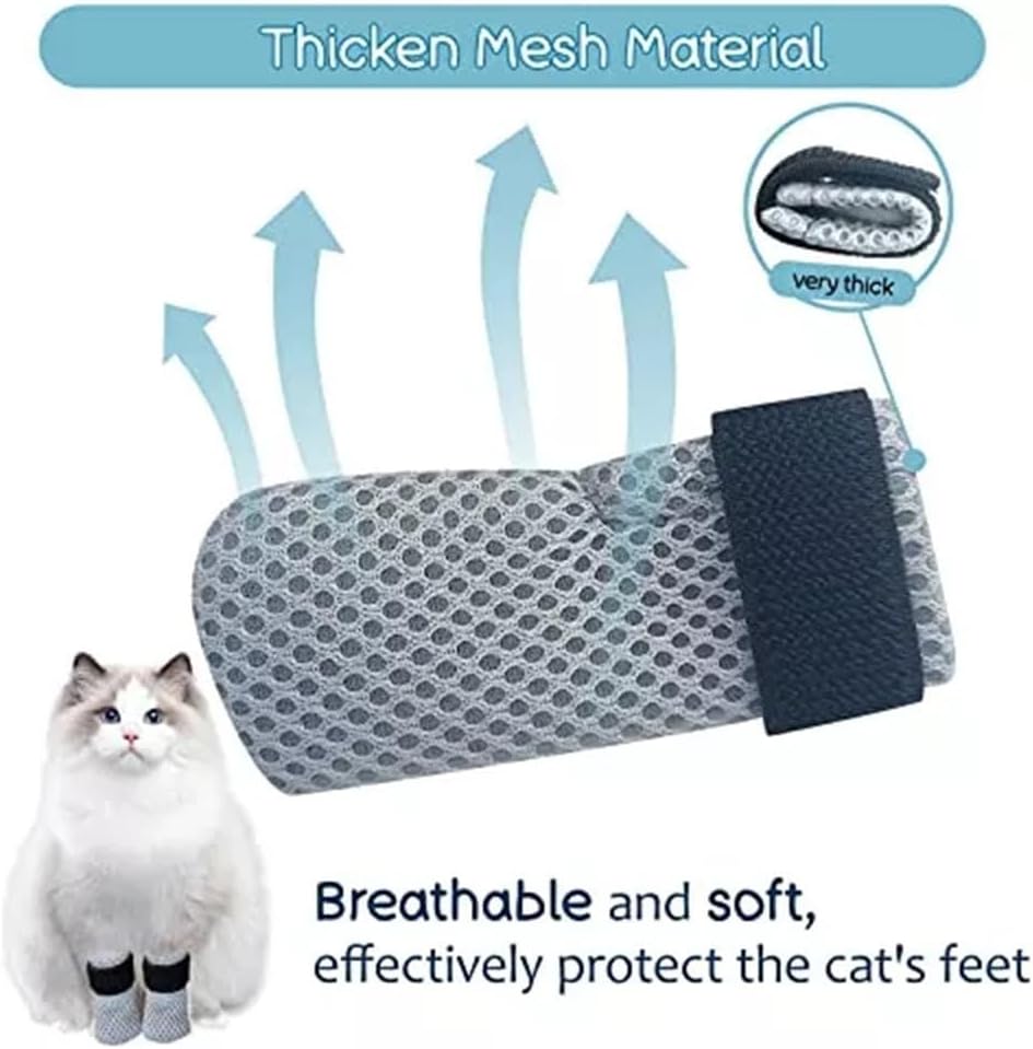 8 Pack Cat Mittens to Prevent Scratching, Adjustable Breathable Mesh Cat Booties & Claw Covers - Anti Scratch Gloves for Bathing, Nail Trimming - 4 Black & 4 Grey, Paw Inner Diameter up to 1.57 Inches