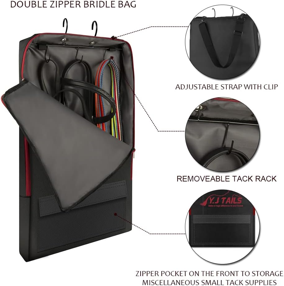 Horse Tack Carry Bag, Horse Harness Bag for Halters, Bridle, Equestrian Reins, Bits and Headstalls, Miniature Horse Harness with 3 Prong Tack Rack (Black)