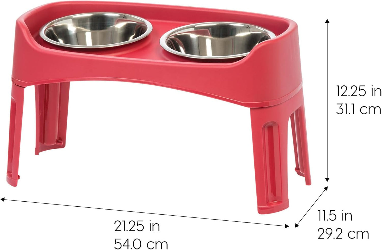 IRIS USA Elevated Dog Bowls, Adjustable Height, 2 Thick 64 oz Stainless Steel Bowls, Spill-Proof with Raised Outer Rim, Durable Made in USA Plastic, Easy Assemble, 2 Heights 4.63" or 12.25" Red
