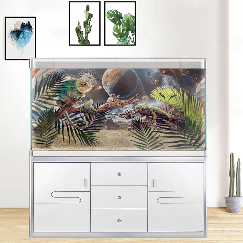 48X24IN Cosmic Spaceterrarium Background, Cool Parallel Space Themed Aquarium Reptile Habitat Background, Aquarium Background with 10EVA Double-Sided Tape