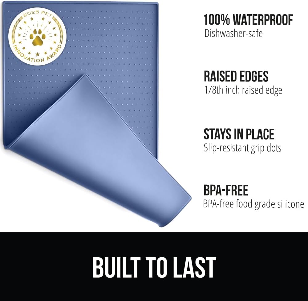 GORILLA GRIP 100% Waterproof Raised Edge BPA Free Silicone Pet Feeding Mat, Dog Cat Food Mats Contain Spills Protects Floors, Placemats for Cats and Dogs Water Bowl, Pets Accessories 18.5x11.5 Blue