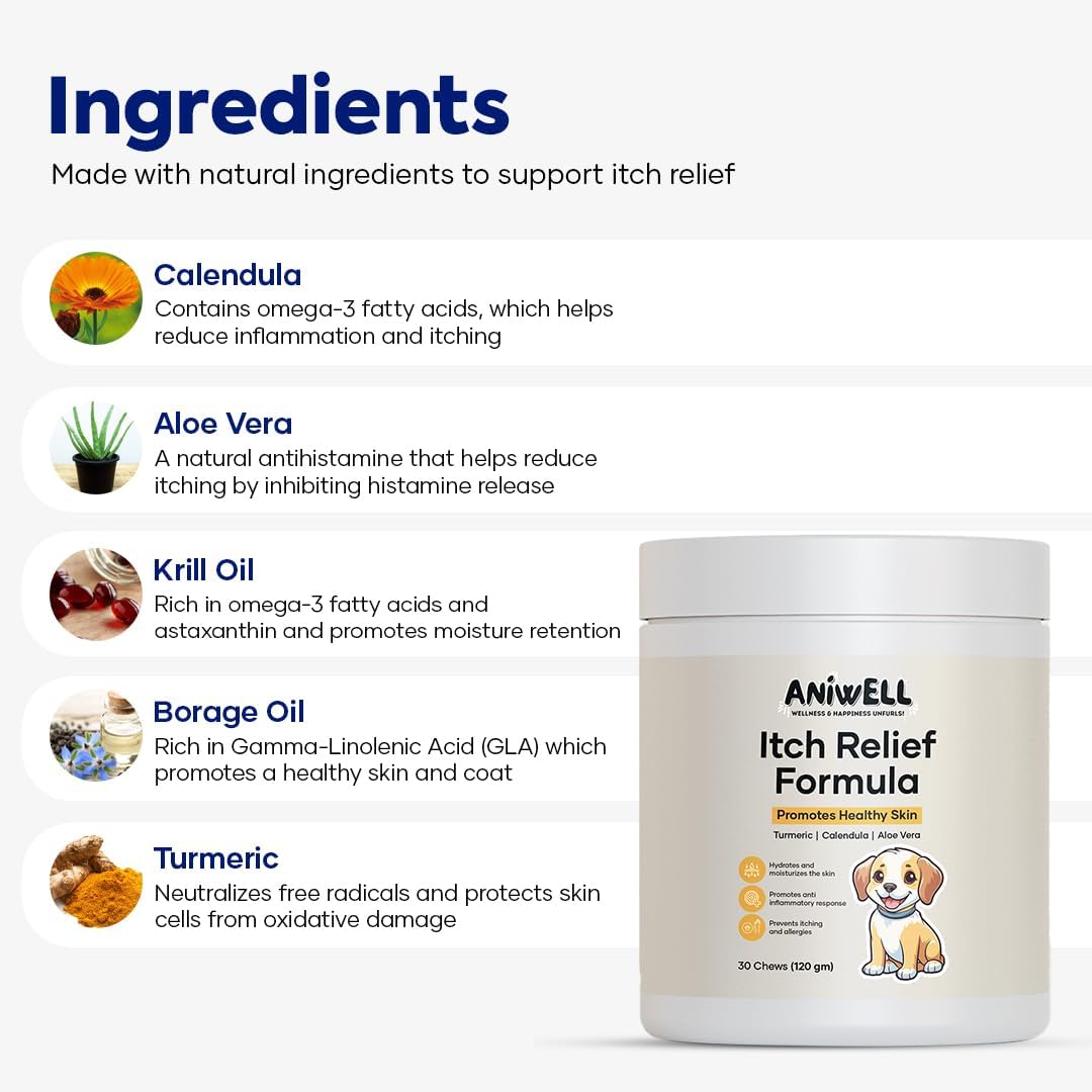 Itch Relief Formula for Dogs – Vitamin E & Borage Oil Supplement – Packed with Beneficial Fatty Acids for Healthy Skin – Seasonal Allergies Support Chews | Pack of 2