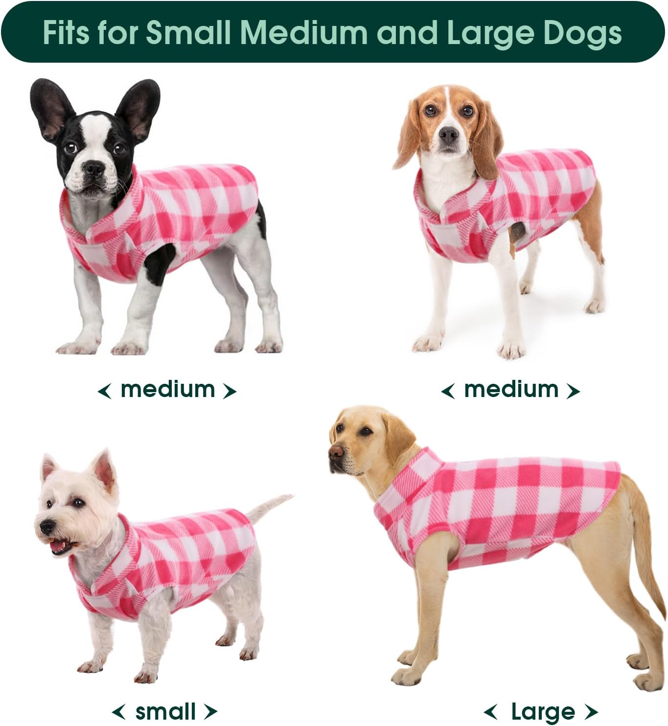 Kuoser Dog Fleece Vest,Warm Plaid Dog Sweater with Leash Hole,Soft Turtleneck Winter Pet Jacket Dogs Coat Pullover Clothes for Small Medium Dogs Cats,Spring Fall Cold Weather Christmas Outfit,Pink XS