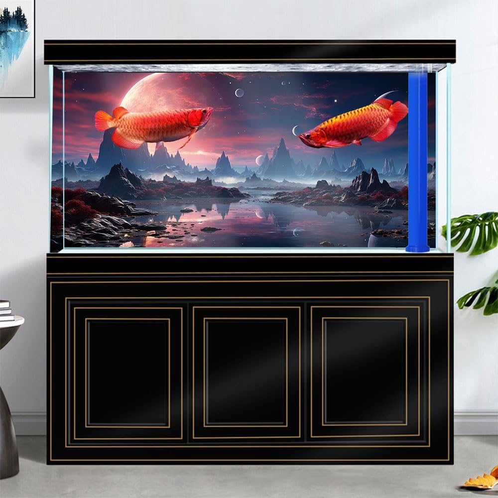 48X20IN Cosmic Spaceterrarium Background, Cool Parallel Space Themed Aquarium Reptile Habitat Background, Red Moon Aquarium Background with 10EVA Double-Sided Tape
