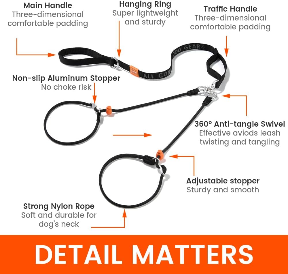 Howgo Double Slip Leash Slip Lead with Two Handles| Dual Dog Slip Lead for 2 Dogs,360° Swivel No Tangle | Dog Training Collar | Double Clip Leash Coupler and Splitter (Green, 6FT)