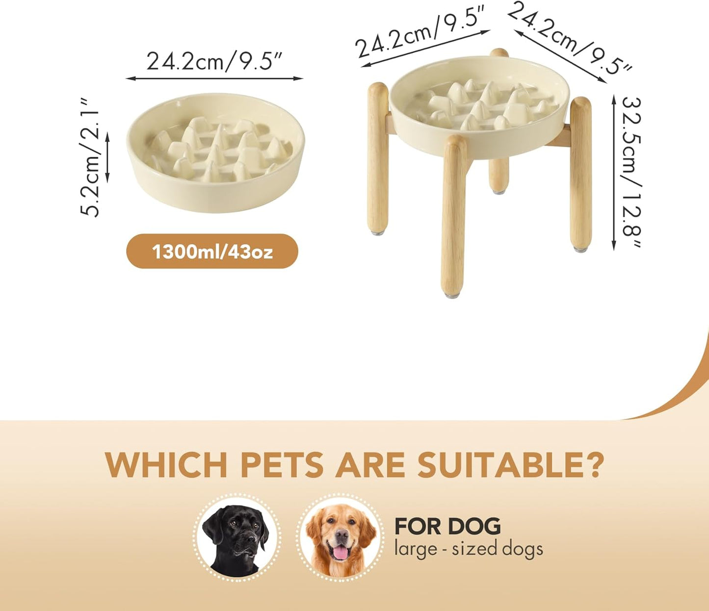 9.5inch Ceramic Dog Raised Slow Feeder Set, Elevated Bowl with Wooden Stand for Large Dog, Slow Feeder Dish for Fast Easters, Anti-Gulping(Beige, Single Bowl+ Stand)