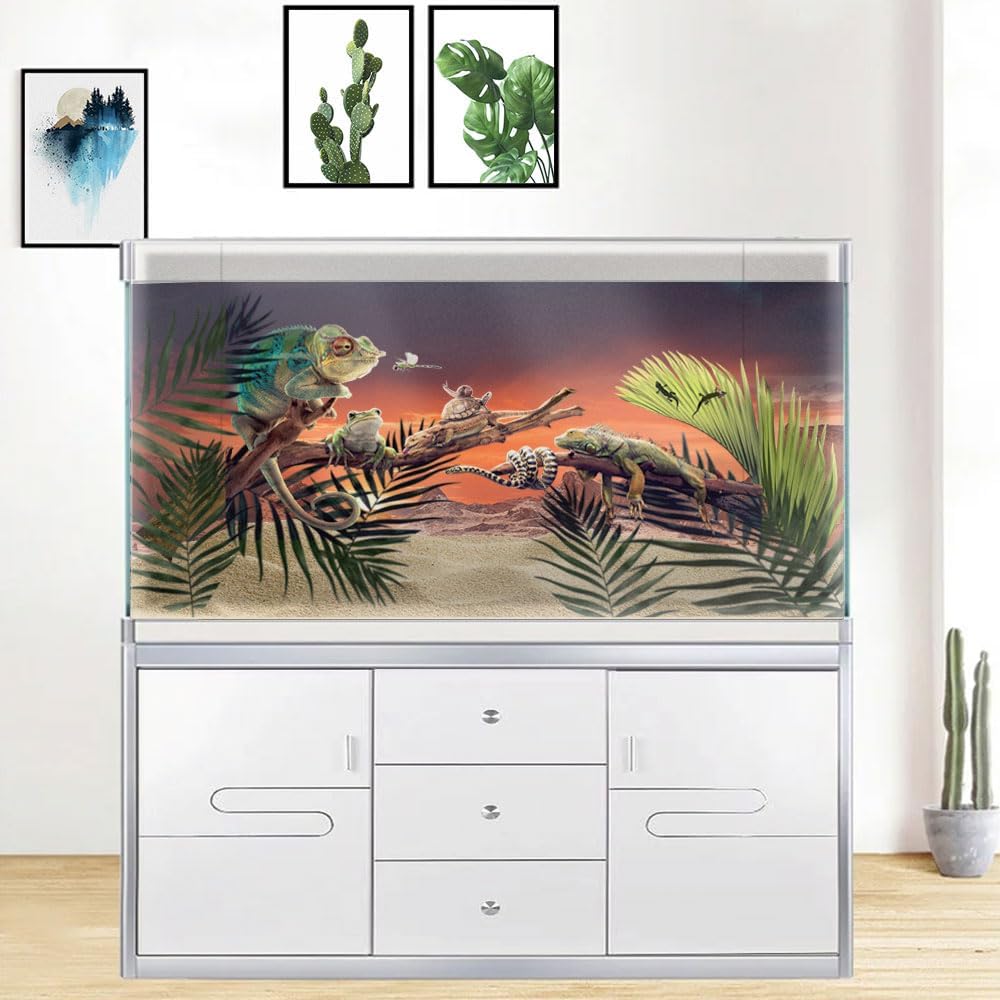 36X20IN Sun and Desert Moon Themed Reptile Habitat on Orange Durable Decorative Background, Terrarium Background with 10EVA Double-Sided Tape