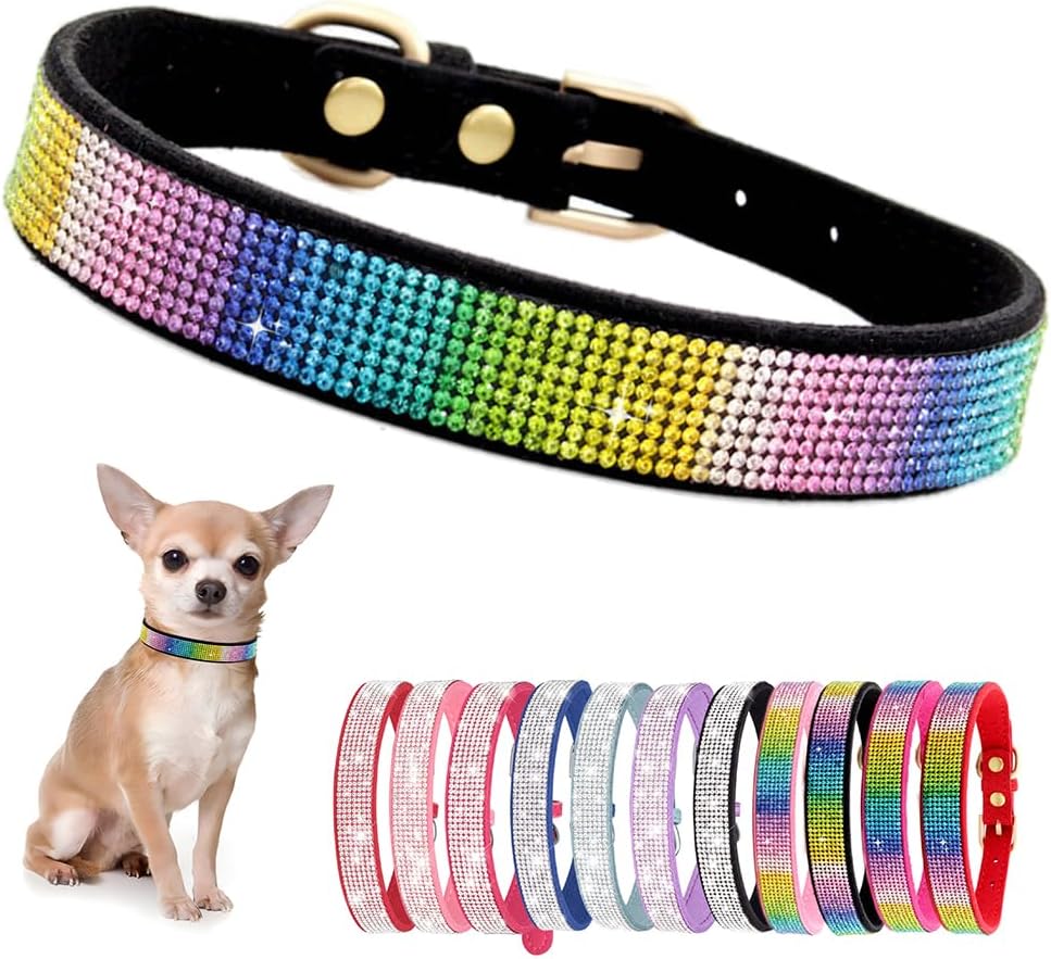 Rhinestone Dog Collar for Small Dogs, Bling Diamond Fancy Crystal Glitter Pretty Jewel Pet Puppy Collars for XXS XS Small Medium Large Breed Girl Dogs Female Cats Kitten, Colorful Black XSmall