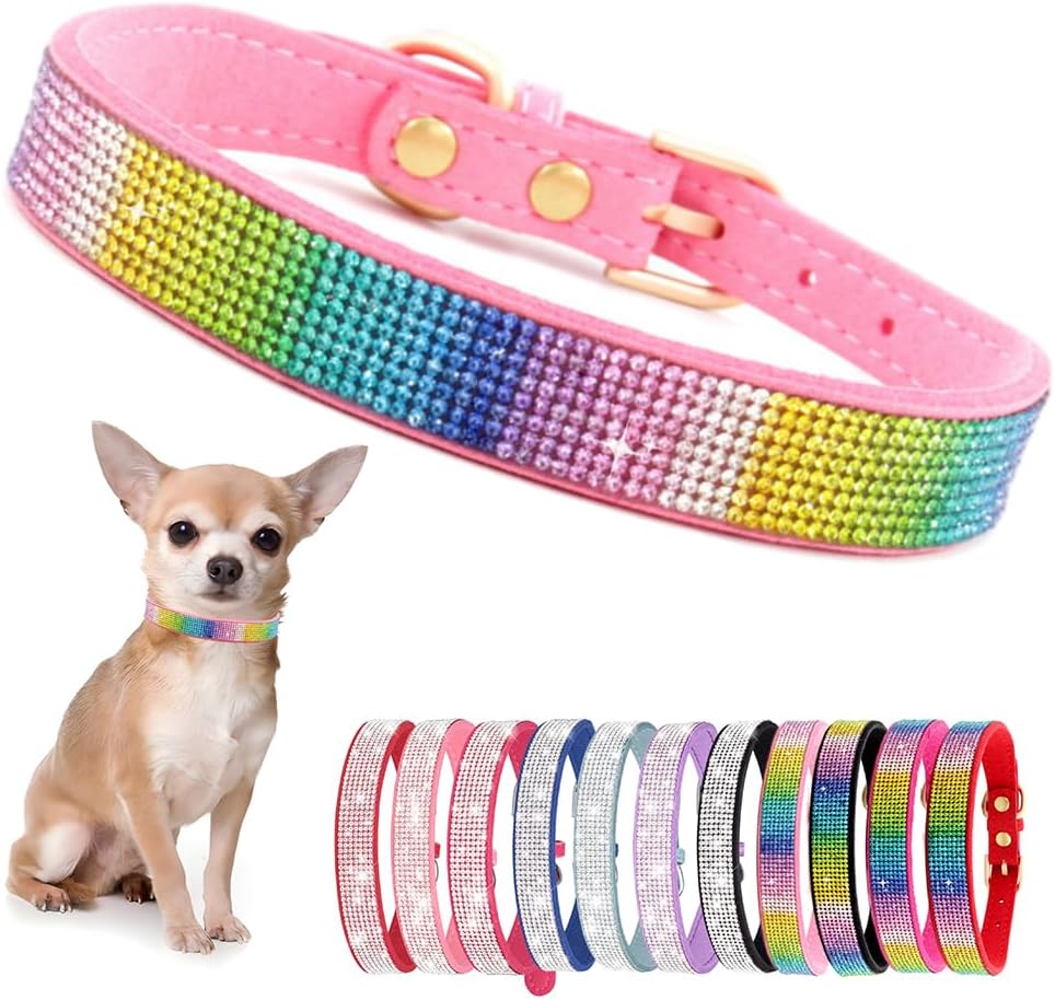 Rhinestone Dog Collar for Small Dogs, Bling Diamond Fancy Crystal Glitter Pretty Jewel Pet Puppy Collars for XXS XS Small Medium Large Breed Girl Dogs Female Cats Kitten, Colorful Pink XSmall