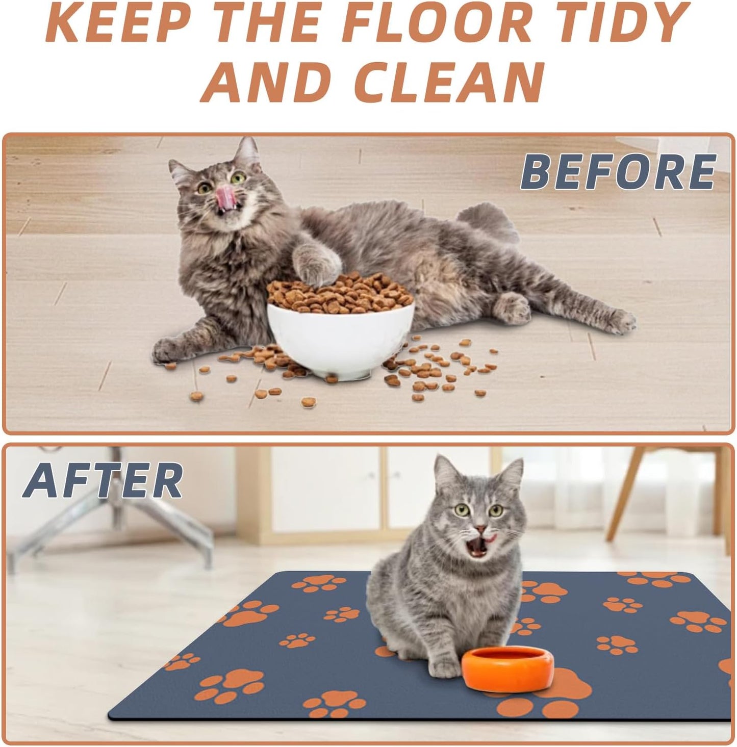 12"×20" Dog Food Mat-Absorbent Mat for Food and Water No Stains Quick Dry Cat Bowl Mat Non Skid Dog Feeding Mat with Footprints for Messy Drinkers Blue