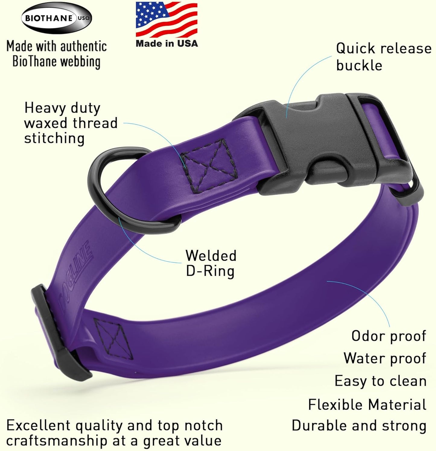Dogline Biothane Waterproof Dog Collar with Quick Release Buckle Strong Coated Nylon Webbing with Odor- Proof for Easy Care Easy to Clean Fits Small Medium Large Dogs, Purple 5/8" W 9-14" L