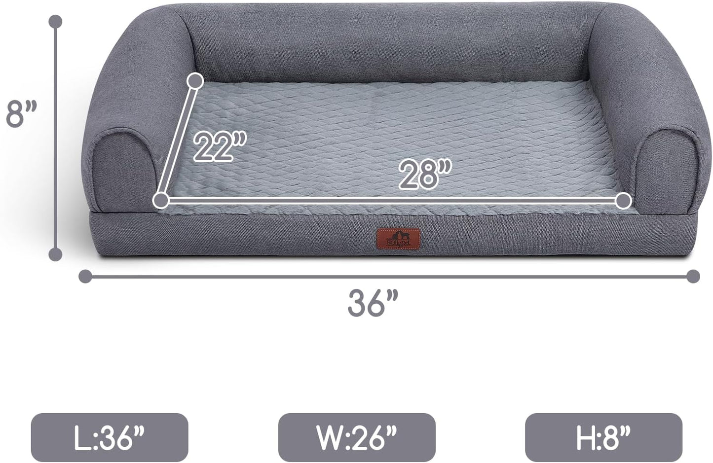 Hollypet Orthopedic Dog Bed for Large Dogs, Supportive Foam Pet Couch with Removable Washable Cover and Non-Slip Bottom, Waterproof Lining Dog Sofa Bed, Gray, L (36 * 26 * 8)