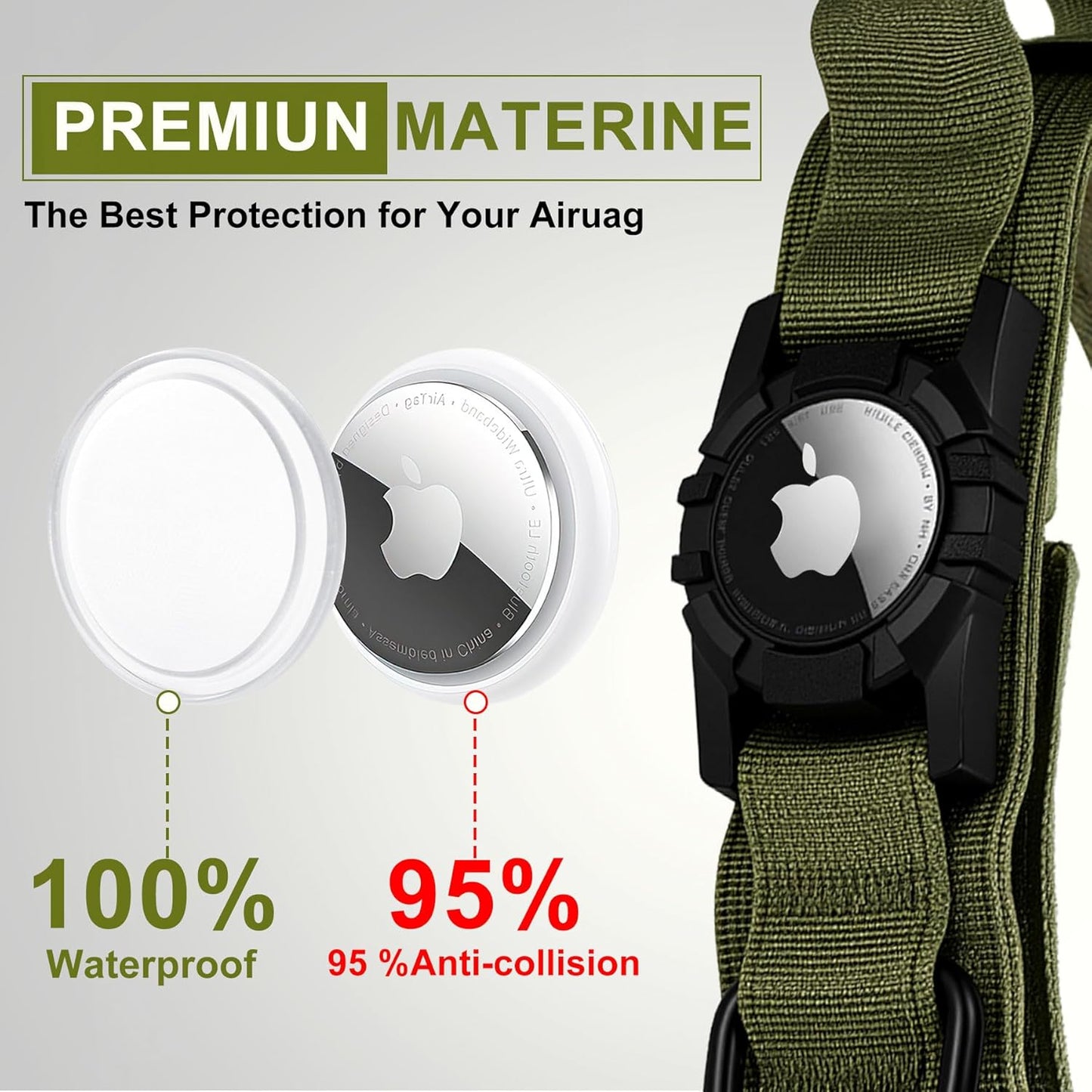 Tactical AirTag Dog Collar Leash Set - Heavy Duty, Adjustable GPS Collar Compatible with Apple AirTag, with Holder & Control Handle for Medium/Large Dogs [Green, XL]