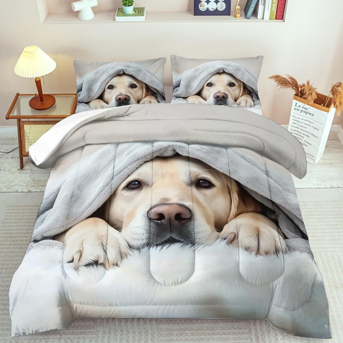 Grey Dog Comforter Set Full Size Boy,Kawaii Pet Dog Animal Print Bedding Set for Girl,Cute Pet Puppy Print Comforter Quilt for Boys,Kawaii Animal Puppy Dog Pals Bedding Bedroom Bed Decor