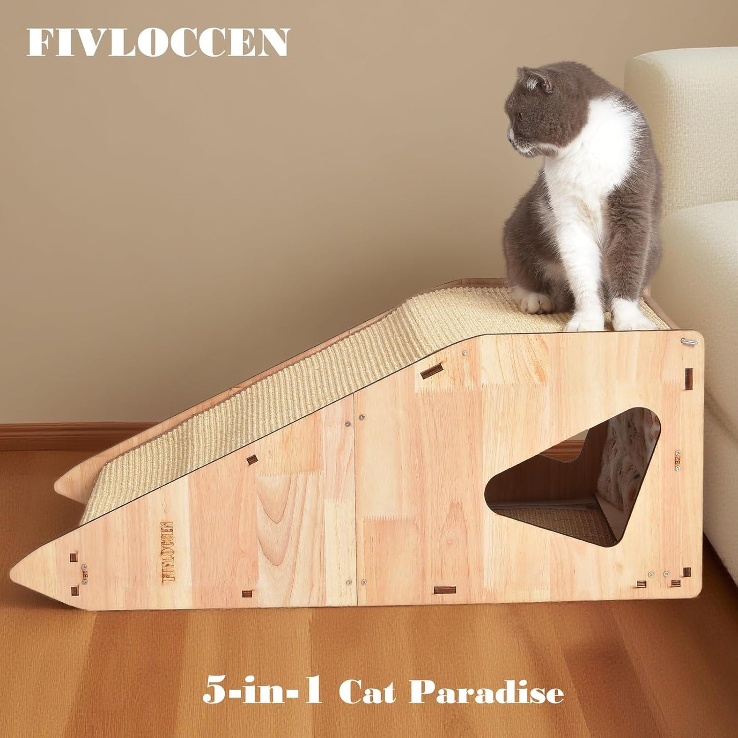 32in Cat Scratching Posts for Indoor Cats: Replaceable Sisal Mats & Sturdy 3D Wood Frame, Integrated Cat Condo, Hideout, Tunnel, All-in-One Space Saver for Multi-Cat & Budget-Friendly Homes