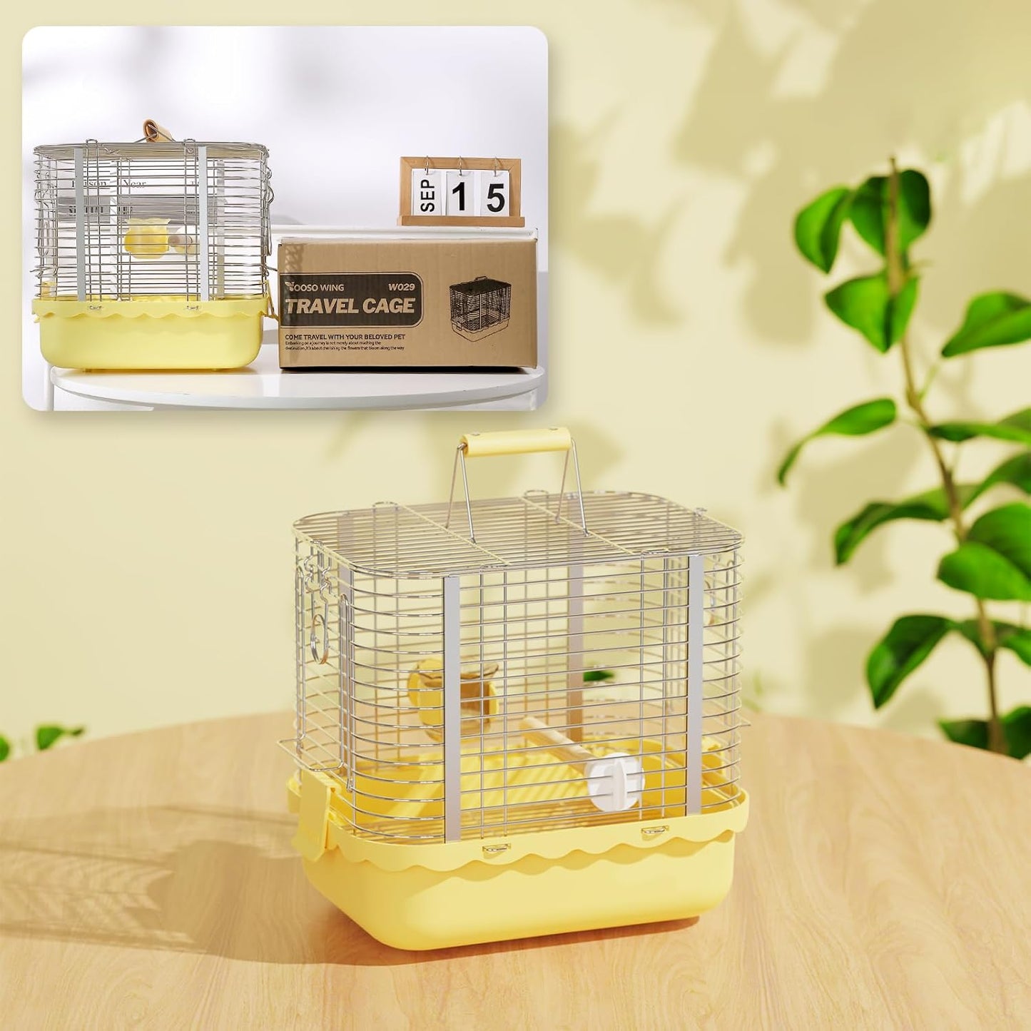 Bird Carrier Travel Cage, Durable Portable Stainless Steel Birdcage with Bird Perch & Feeding Bowl for Parrots Canaries Budgies Lovebirds Conures Cockatiels (Small Yellow)