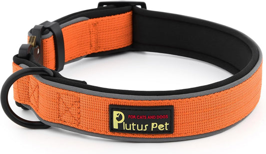 Plutus Pet Tactical Dog Collar, Reflective, Adjustable Heavy Duty Dog Collar, Soft Padded and Comfortable, for Small Medium and Large Dogs (Orange, M)
