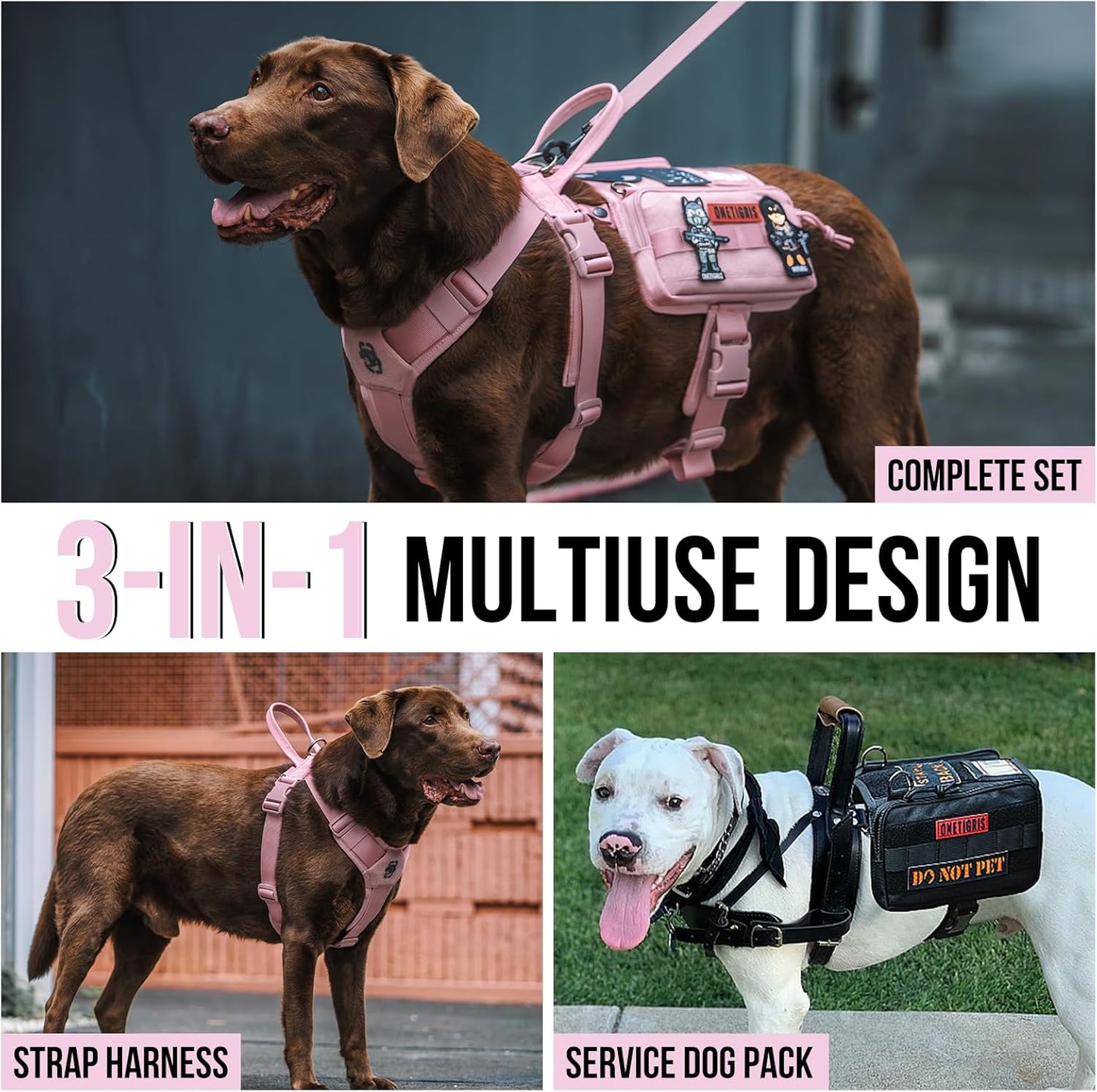 OneTigris Service Dog Vest Harness, Service Dog Cape Guardian Dog Backpack Harness with Pouches Dog Saddle Bag for Small Medium and Large Dogs (Pink, M)