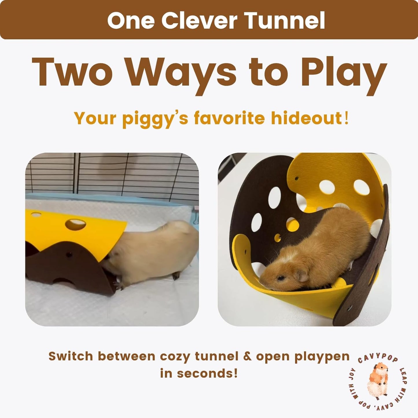 Guinea Pig Hideout Guinea Pig Tunnel Washable Tube with Cheese-Hole Design Soft Cozy Hideaway for Cage Corner Indoor Play and Enrichment-Brown