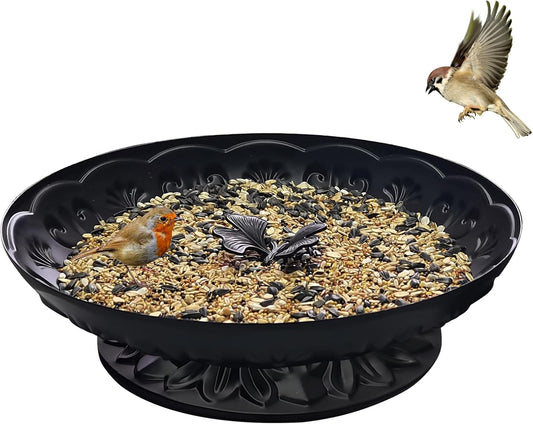 Ground Platform Bird Feeder Tray,11” Metal Large Standing Bird Feeder Mesh Seed Tray，for Outdoor Garden (Black-1 Pack)