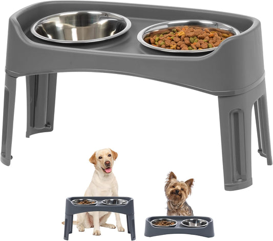 IRIS USA Elevated Dog Bowls, Adjustable Height, 2 Thick 64 oz Stainless Steel Bowls, Spill-Proof with Raised Outer Rim, Durable Made in USA Plastic, Easy Assemble, 2 Heights 4.63" or 12.25" Dark Gray