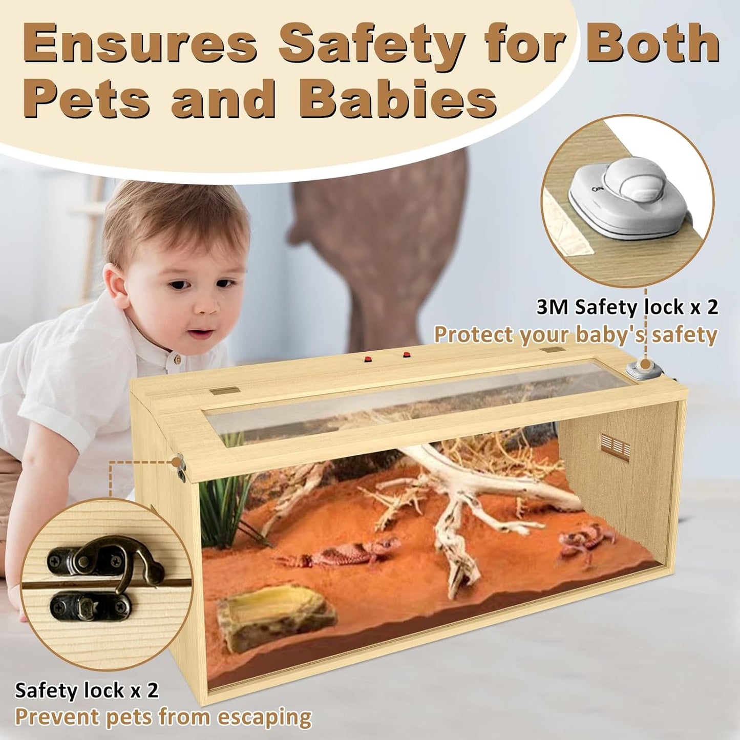 34 Gallon Bearded Dragon Tank, Lockable Reptile Terrarium Tank, Large Snake Enclosure, Lizard, Leopard Gecko Tank with Openable Roof Door, (Wooden, 32" L x 16" W x 16" H)