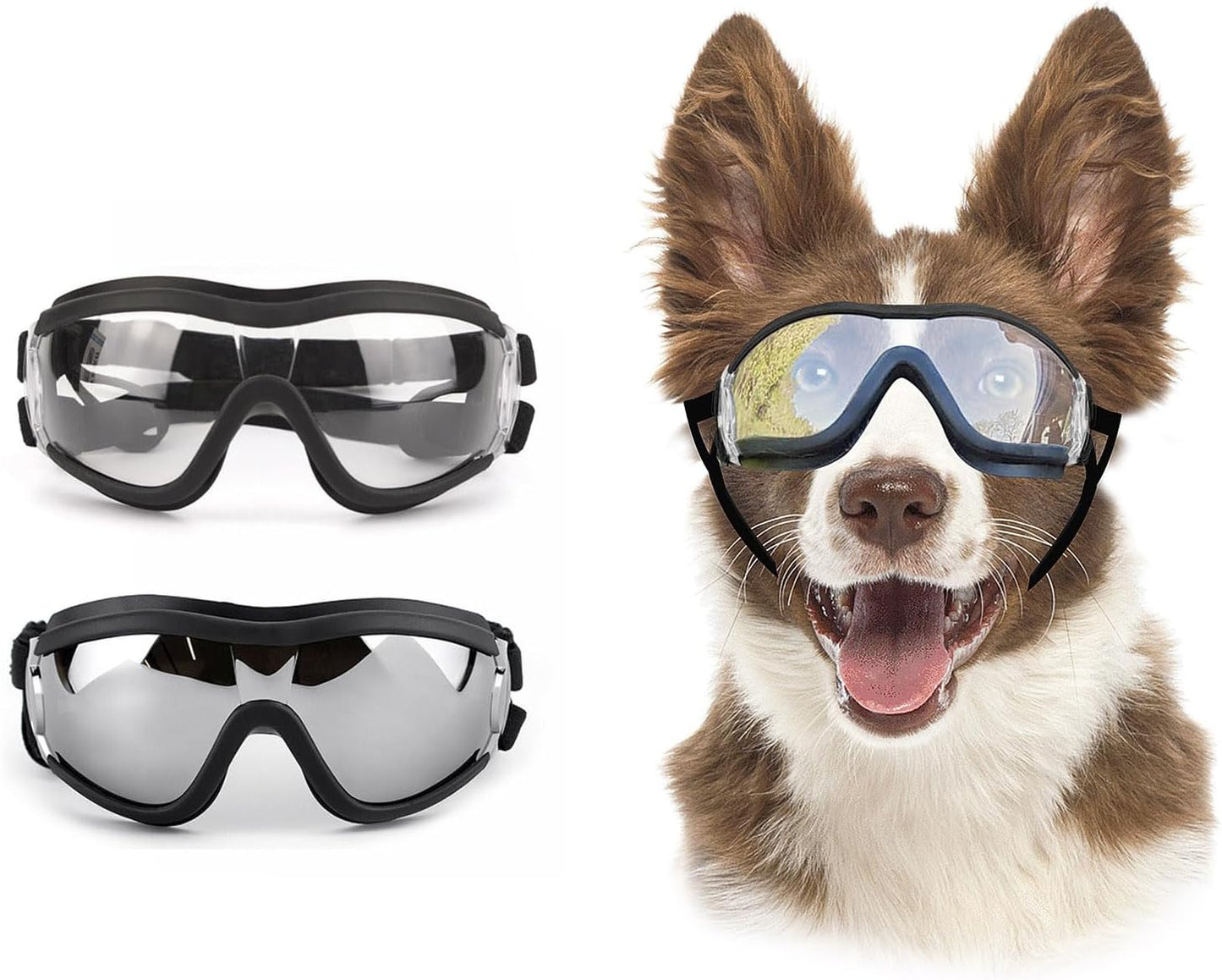 Pack of 2 Dog Goggles Dog Sunglasses for Medium to Large Breed Anti-UV Eye Protection with Adjustable Straps- Silver & Transparent