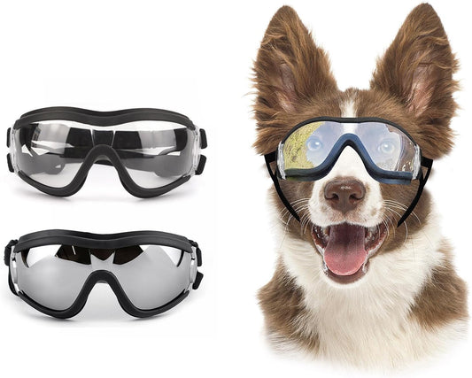 Pack of 2 Dog Goggles Dog Sunglasses for Medium to Large Breed Anti-UV Eye Protection with Adjustable Straps- Silver & Transparent