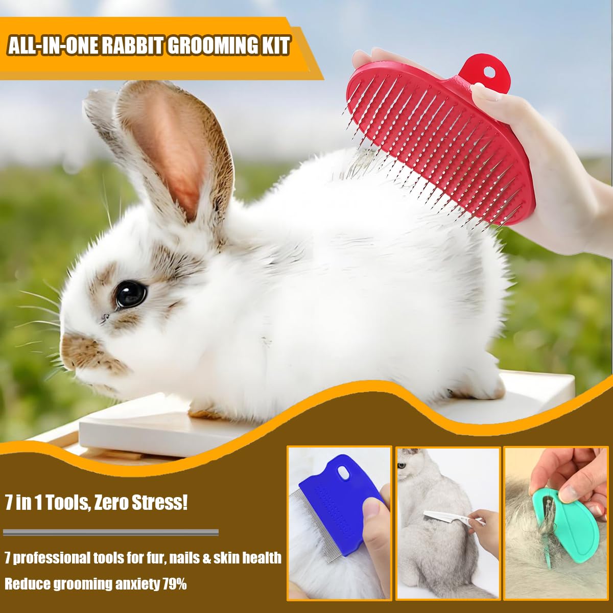 Rabbit Grooming Kit – Bunny Grooming Kit with Shedding Brush, Nail Clippers & Comb – Small Animal Grooming Supplies for Rabbits, Guinea Pigs, Hamsters, Ferrets - Small Pet Shedding & Care (Pink)