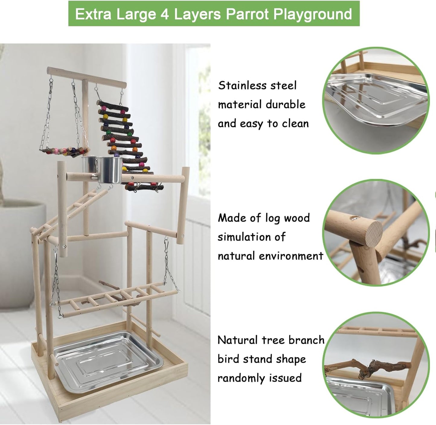 Hamiledyi 4 Layers Large Bird Playground 32" H Pet Parrot Playstand Gym Perch Wood Playpen for Parakeets Lovebirds Conure Cockatiel Cockatoos Finch Budgies or Other Small and Medium Sized Birds