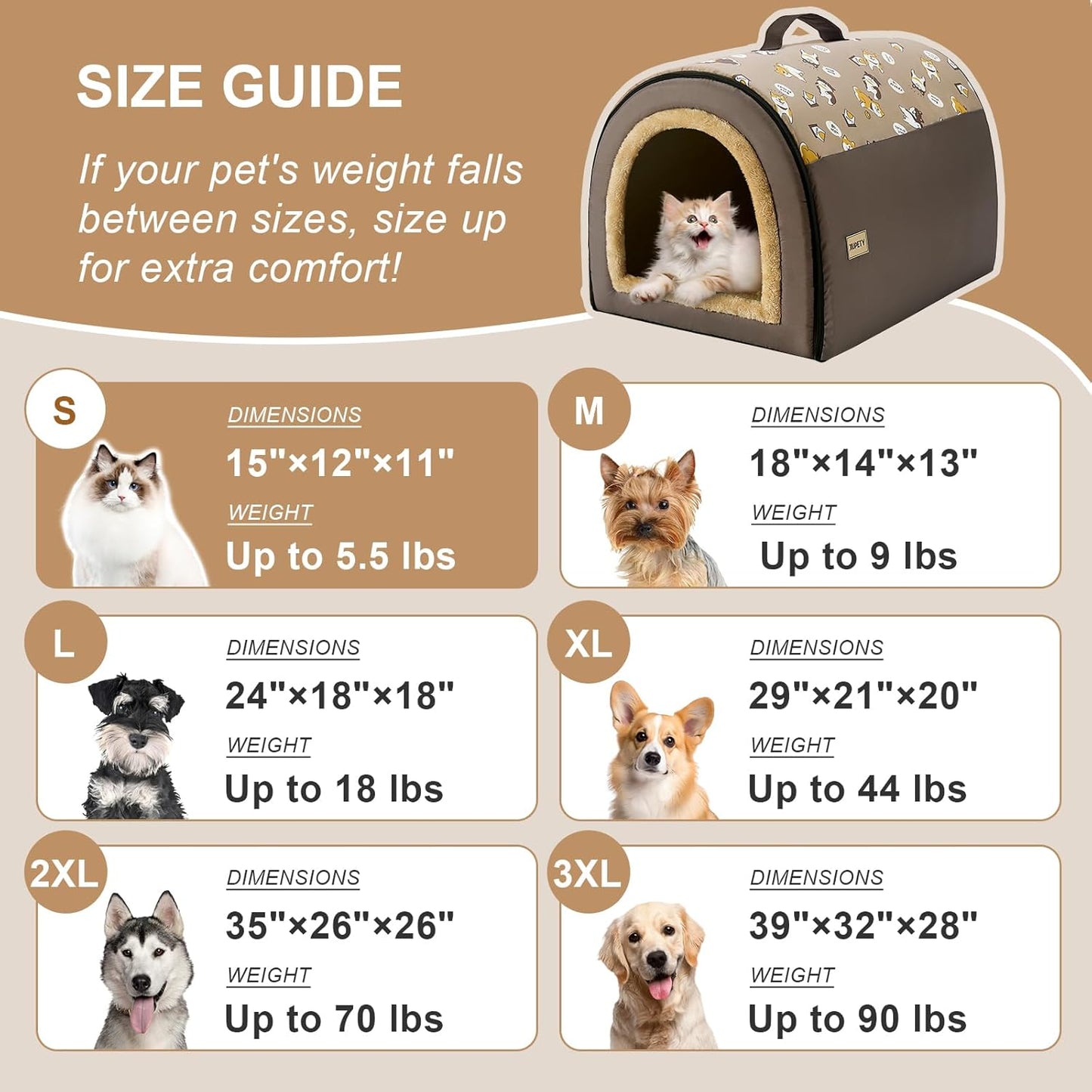 Jiupety Cozy Small Pet Dog House, 2 in 1 Puppy House, S Size for Cat and Puppy, Warm Cave Sleeping Nest for Cats and Dogs, S(15"×12"×11"), Up to 5.5 Lb, Brown