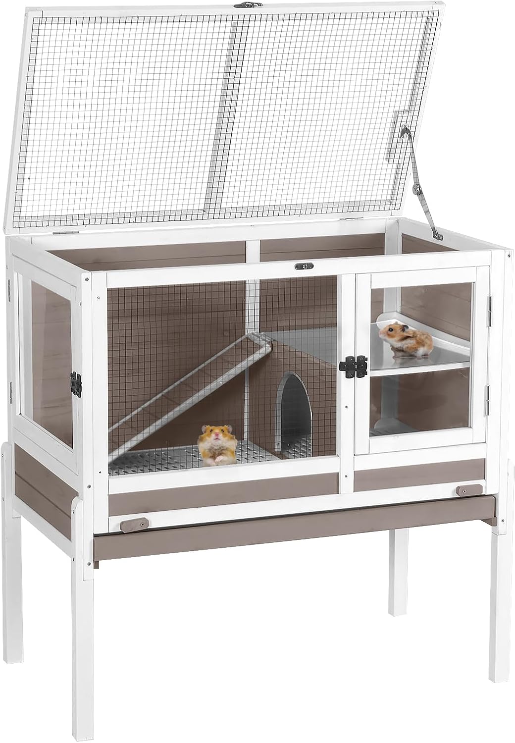 Aivituvin Wooden Guinea Pig Cages Indoor with Removable Stand, Anti Chewing Rabbit Hutch with Ramp and Wire Mesh, 2 Story Small Animals House Habitat with Pull Out Tray (Brown)