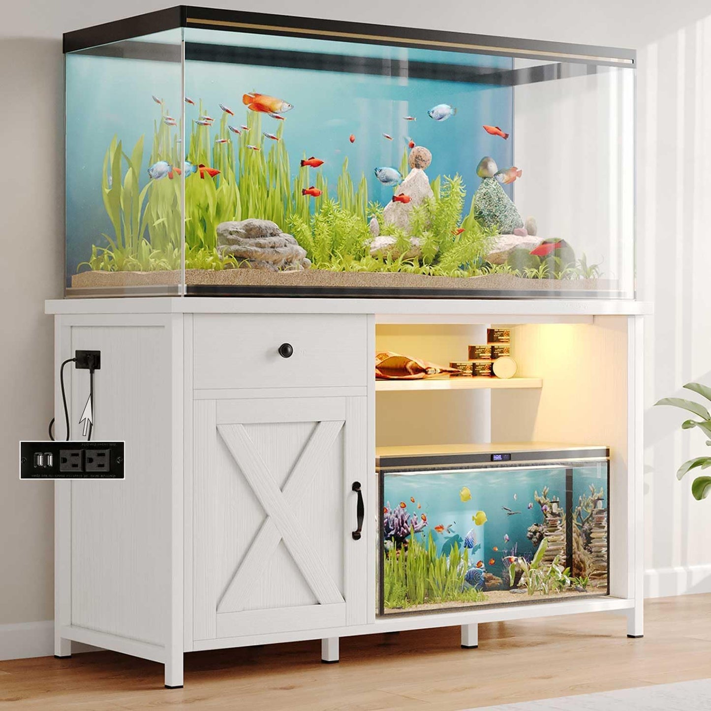 55 Gallon Fish Tank Stand with LED Light & Power Outlets, 55-75 Gallon Aquarium Stand with Drawer & Barn Door, 50" L x 20" W Cabinet for 2 Fish Tank Accessories Storage, Turtle Tank, Antique White