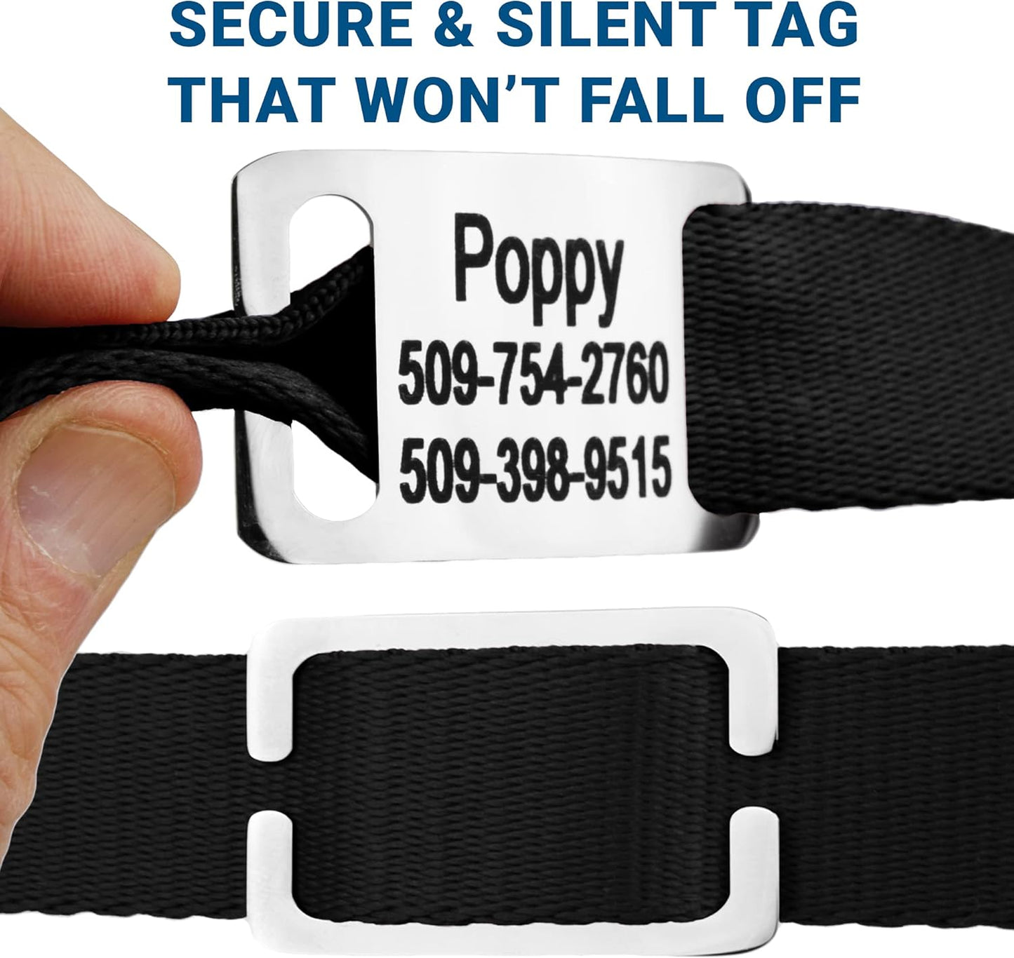 GoTags Personalized Dog Collar with Nameplate, Adjustable Dog Collar with Custom Engraved Slide On Pet ID Tag in Stainless Steel, Silent, No Noise Dog Tag for Large Medium and Small (Black, Large)