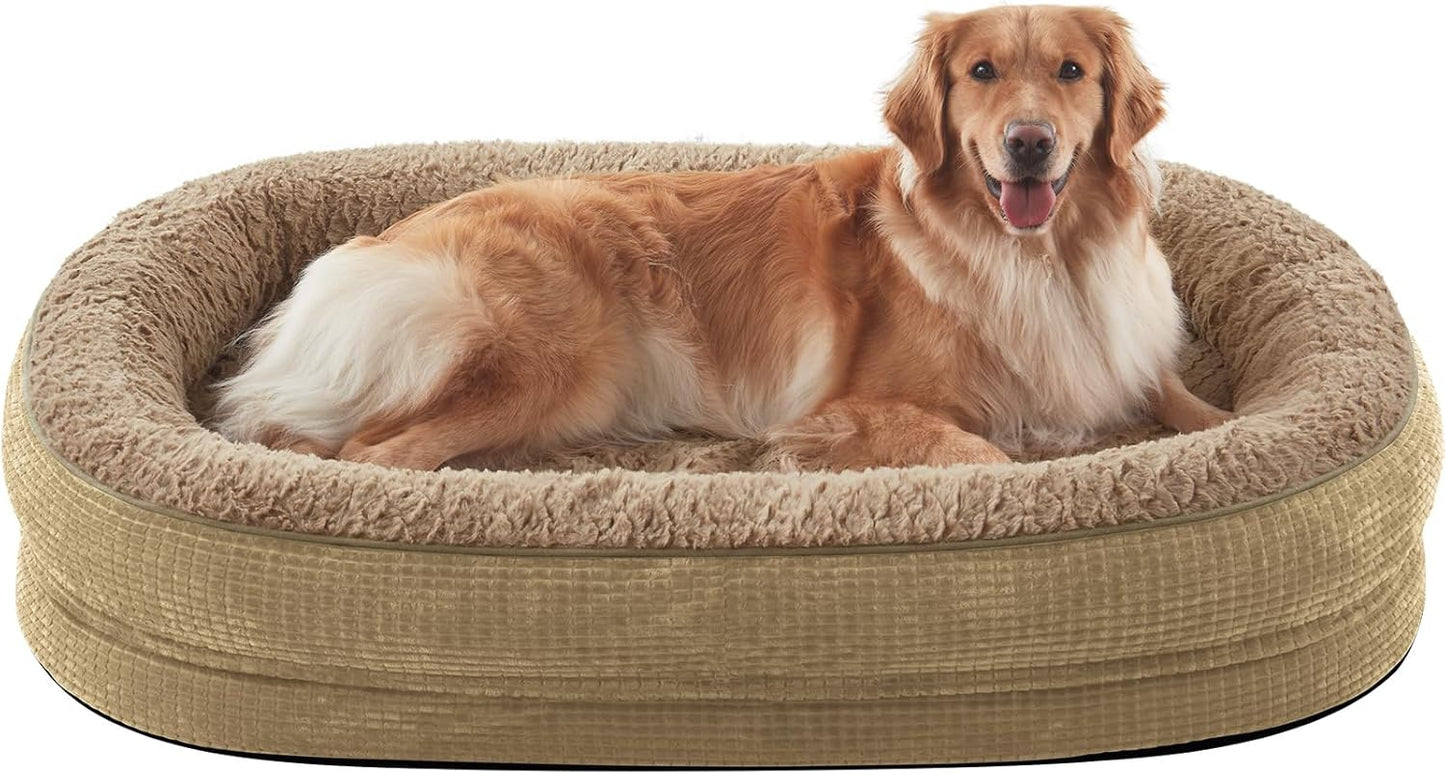 JOEJOY Orthopedic Dog Bed for Extra Large Dogs, Egg-Crate Memory Foam Pet Bed with Bolster Sides, Waterproof Lining, Removable Washable Cover & Non-Slip Bottom, Light Brown