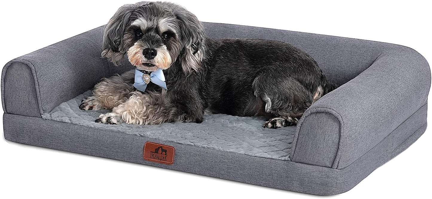 Hollypet Orthopedic Dog Bed for Medium Dogs, Supportive Foam Pet Couch with Removable Washable Cover and Non-Slip Bottom, Waterproof Lining Dog Sofa Bed, Gray, M (28 * 22.5 * 7.5)