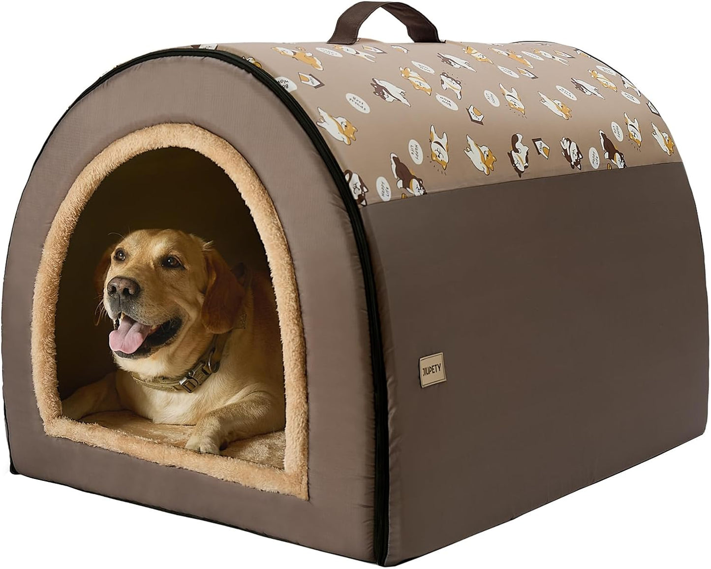 Jiupety 2 in 1 Dog House Indoor, Comfy Cave Bed Covered Dog Bed, Portable House for Large Dogs, 3XL(39"×32"×28"), Up to 90 Lb, Brown
