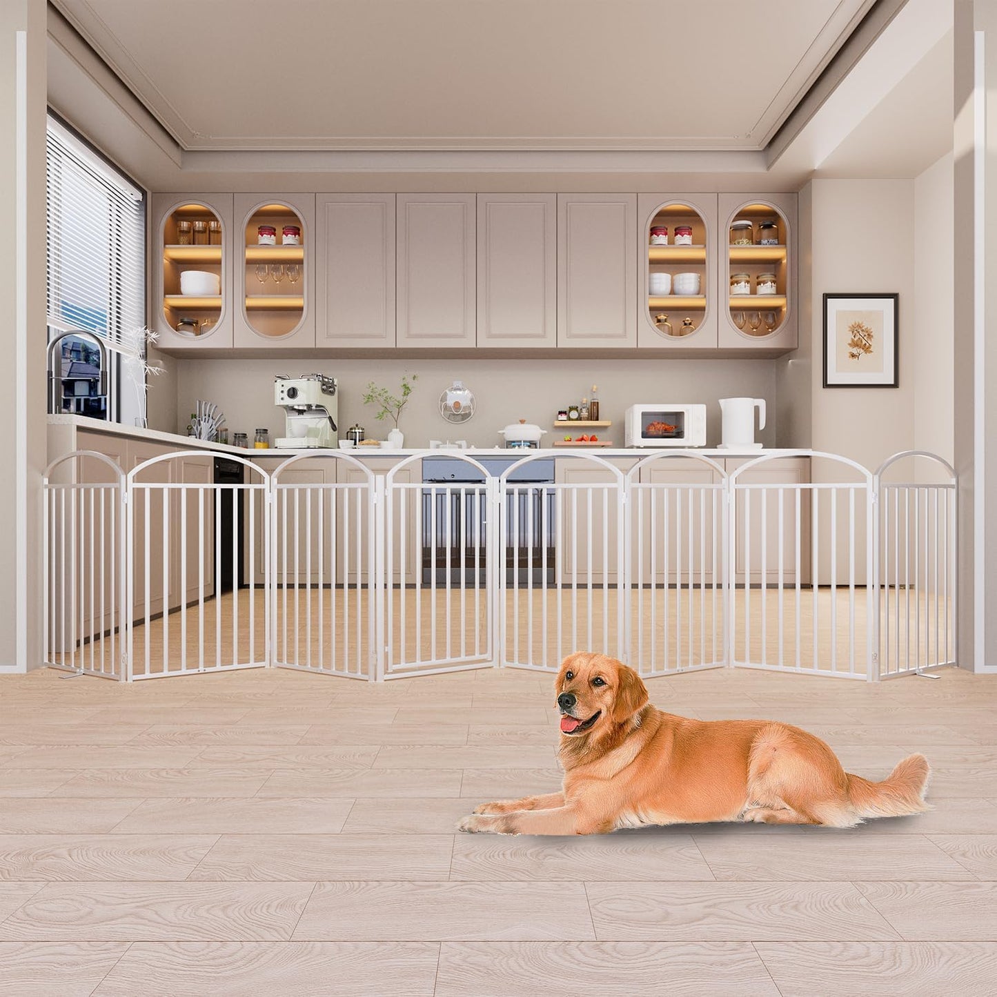 8 Panles Full Matel Freestanding Dog Gates with Door, 192"Extra Wide 36"Tall Free Standing Dog Pet Gate for Indoor & Outdoor. Foldable Pet Fences for Doorways, House, Stairs, Porch, Deck, Yard