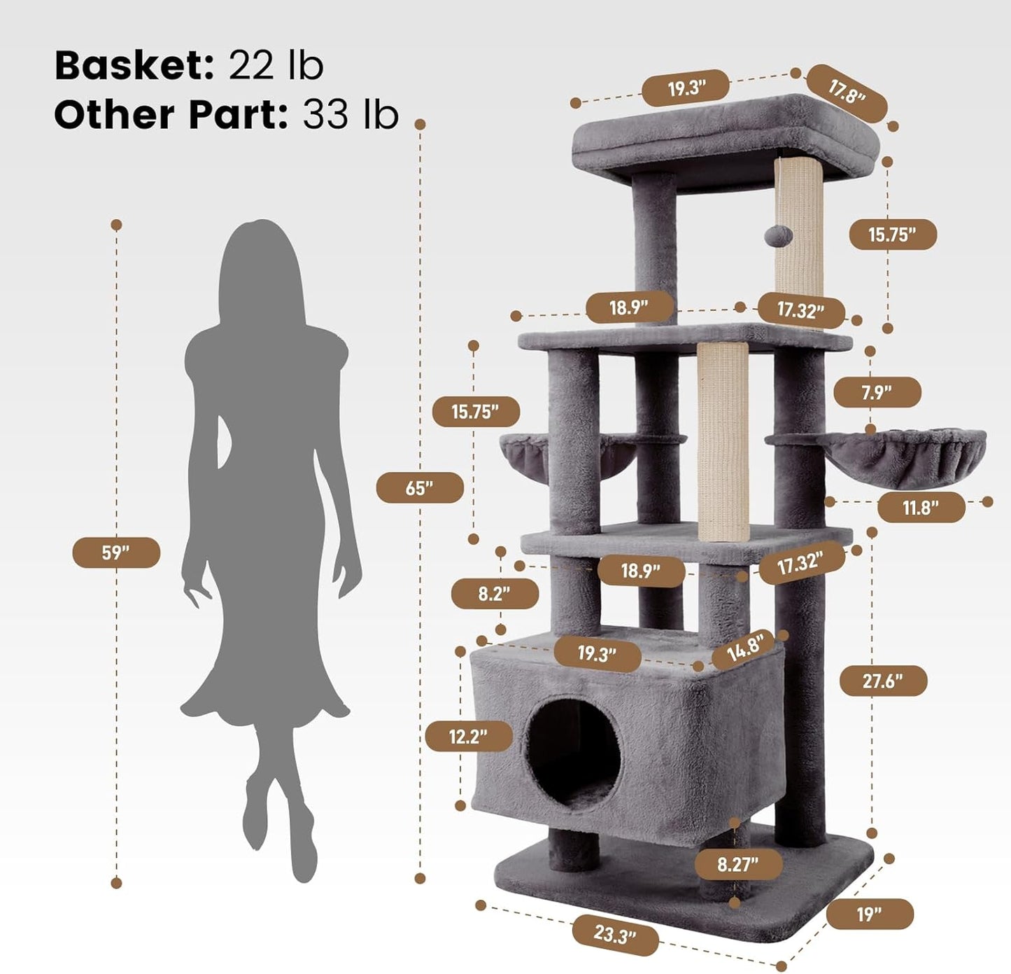 Gardner Pet 65in Heavy Duty Cat Tree Tower for Large Cats, Multi-Level Cat Furniture with Replaceable Sisal Scratching Post, Hammock | Extra-Large Platform & Condo (Upgraded Grey)