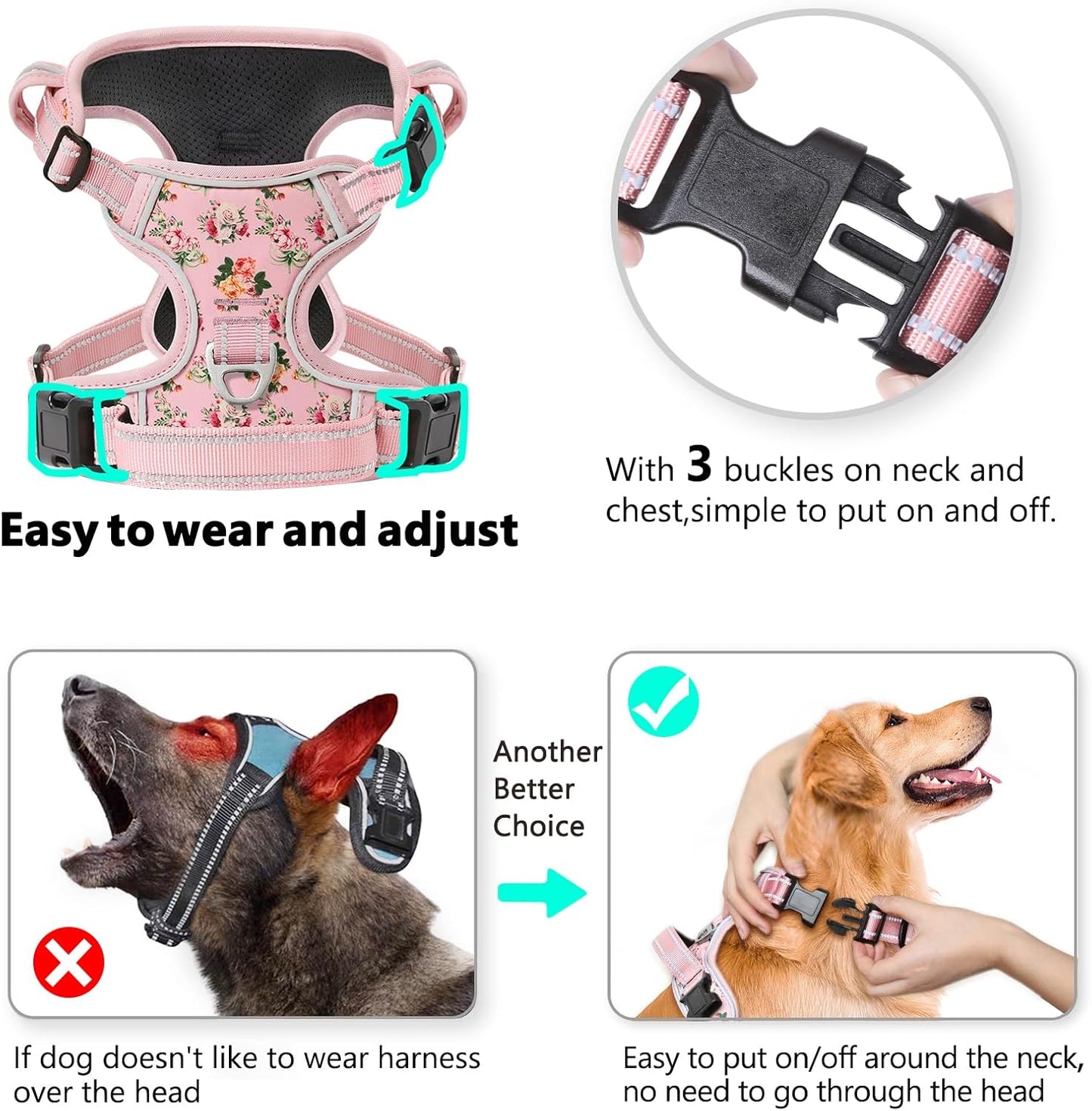 Timos Dog Harness, No-Pull Pet Harness with 2 Leash Clips, Adjustable Soft Padded Dog Vest, Reflective Outdoor Pet Oxford Vest with Easy Control Handle Pink XS
