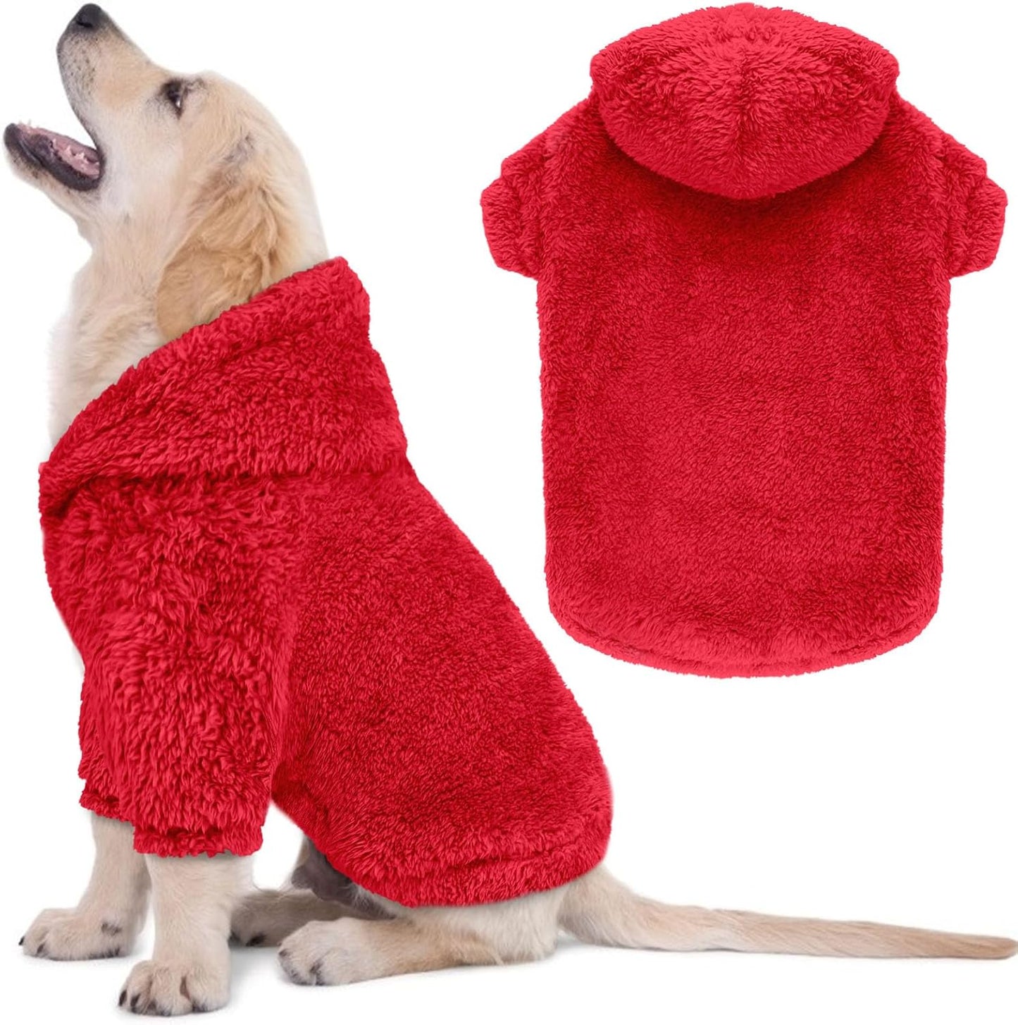 Fuzzy Dog Hoodie Dog Sweaters for Small Dogs Soft Double-Sided Plush Fleece Pet Sweater Clothes Pet Coats Sherpa Hooded Sweatshirt(Red-XS)