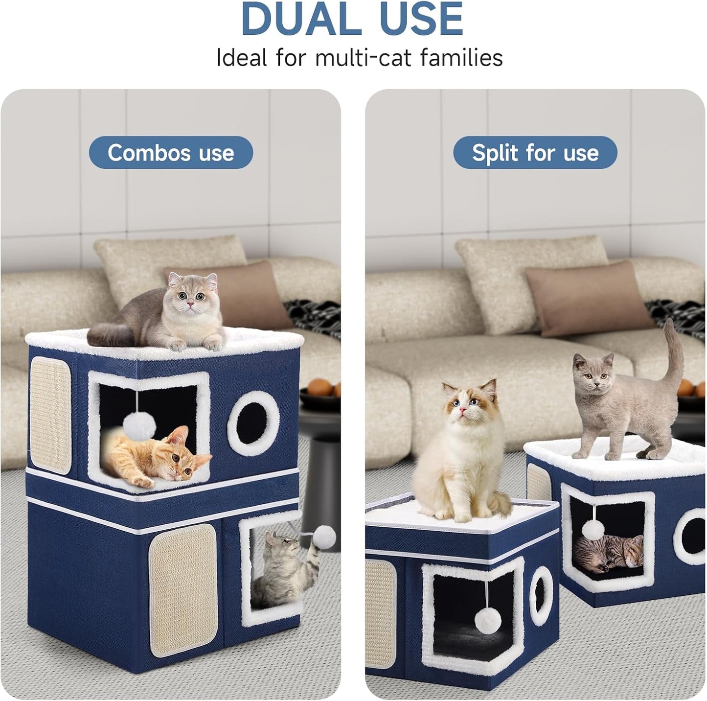 2-Storey Cat House for Indoor Cats, Large Double Cat Bed Cave with Hideaway Condos, Scratch Pads, Hanging Balls, Foldable Indoor Cat House Hold Up to 30LBS, Cat Cube for Multiple Cats Kitten, Blue