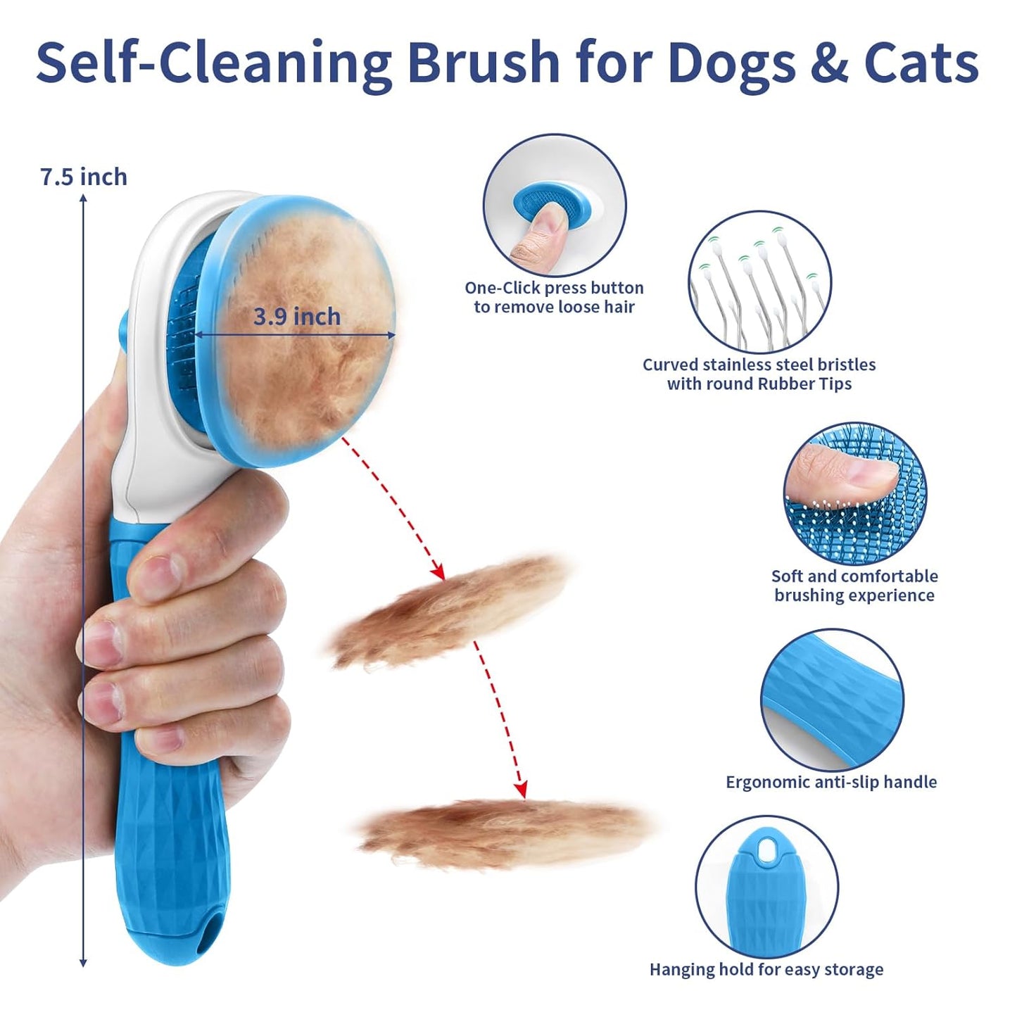 5 in 1 Dog Grooming Kit - Self-Cleaning Slicker Brush for Shedding Short Long Haired Dogs & Cats, Includes Pet Comb, Flea Comb, Bath Brush, Undercoat Rake - Complete Fur Care Set - Blue